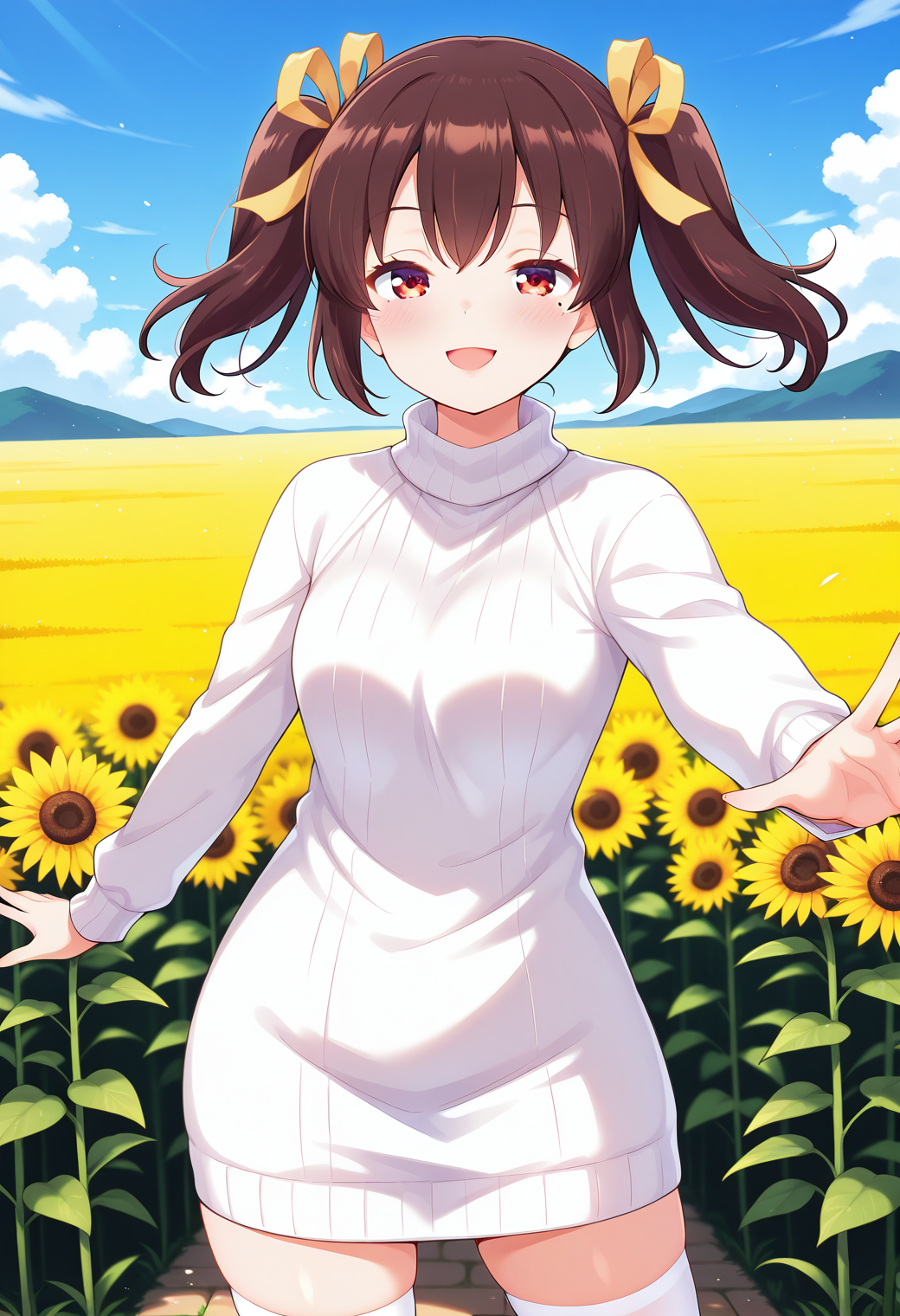 1girl, solo, (field:1.2), (blue sky:1.2), looking at viewer, smile, open mouth, 
nakano_chisame,  (mole under eye:0.5), red eyes, brown hair, twintails, hair ribbon, yellow ribbon, sweater dress, ribbed sweater, white sweater, turtleneck, long sleeves, white thighhighs, zettai ryouiki, <lora:nakano_chisame_illustrious_ver1:0.8>, masterpiece, best quality, general,, (cowboy shot, dynamic pose:1.4),