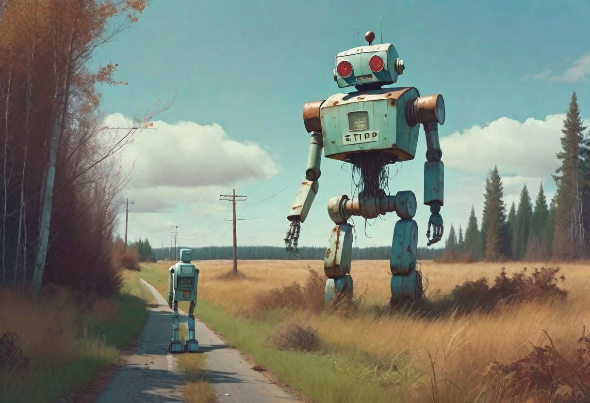 ultra high quality photo "vast overgrown field, extremely huge decrepit android, , aged and neglected appearance, advanced technology remnants, natural overgrowth, contrast between nature and forgotten futuristic elements" add a rusted stop sign next to the robot. film, Simon Stlenhag Style, photo in phst artstyle, film photography style, light grain, medium grain, heavy grain