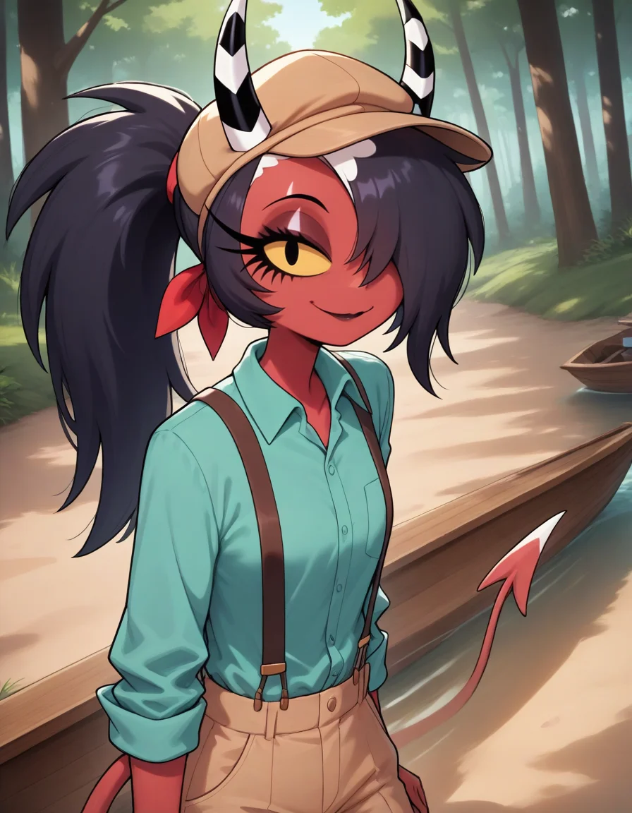 ,sallie may \(helluva boss\), sallie may, colored skin, red skin, hair over one eye, yellow sclera, ponytail, demon horns, striped horns, demon tail, shirt, button-up_shirt, Mint Blue shirt, suspenders, khakis, boat_shoes, newsboy_cap, pr0t0k3bab