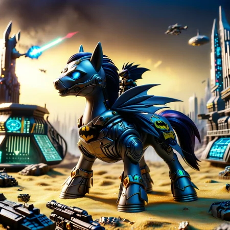 4k, everything is technology, extremely detailed wide view of amazing scene, ((futuristic dalek next to a batman pony)), ((advanced warfare)), ((high-tech combat)), ((military technology)), in ((futuristic highly detailed cyber)) with ((war-torn setting)), ((battlefield environment)), ((styled with advanced warfare aesthetic)), ((featuring quantum warfare design)), ((military precision)), ((advanced technology)), ((futuristic warfare)), with ((futuristic laser effects)), ((combat dynamic atmosphere)), ((battlefield ambiance)), ((war-torn environment)), (HD, masterpiece, best quality, hyper detailed, ultra detailed, super realistic),amazing, combinestyle, Pony_MLP_v1.8SDXL, ral-ltlpowny, add-detail-xl<lora:sdxl\morph\CombineStyle-HalfLife2-SDXL.safetensors:1.02:1.02> <lora:sdxl\character\Pony_MLP_v1.8SDXL.safetensors:1.0:1.0> <lora:sdxl\character\ral-ltlpowny-sdxl.safetensors:1.07:1.07> <lora:sdxl\enhancment\add-detail-xl.safetensors:0.6:0.6>