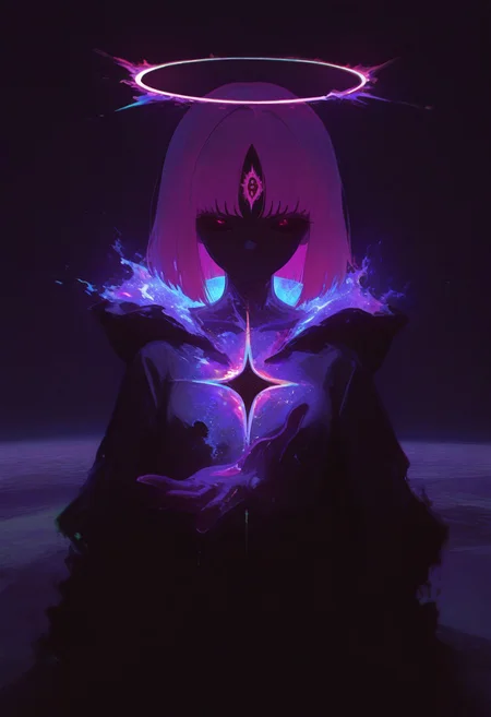 masterpiece,best quality, amazing quality, ((Mars background, on Mars, chromatic aberration, bright galaxy, raytrace)), ((Chiaroscuro Lighting Style, dramatic lighting, drastic contrast)), absurdres, Classical Chinese Brush and Ink, 1space spirit girl, purple rainbow skin, solo, whole body made of space flame, dark purple flame body, burning body, ((extremely bright nebula shockwave ring surrounding girl)), glowing third eye, eldritch third eye, hime cut, magenta hair, limited red palette, black sclera, black sclera eyes, rainbow explosion on fingertips, dynamic angles, perfect body, perfect hand, upper body