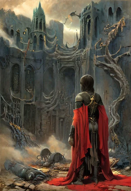 epiCRealism, Photo, A dark guardian of the Elden Ring lost chapel in a blood-red cloak, stands before a great ancient elden god, maintaining the integrity of the time loop, masterful Painting, itself<lora:xl_more_art-full_v1:0.3> <lora:sdxl_lora_beksinski-000018:0.5>