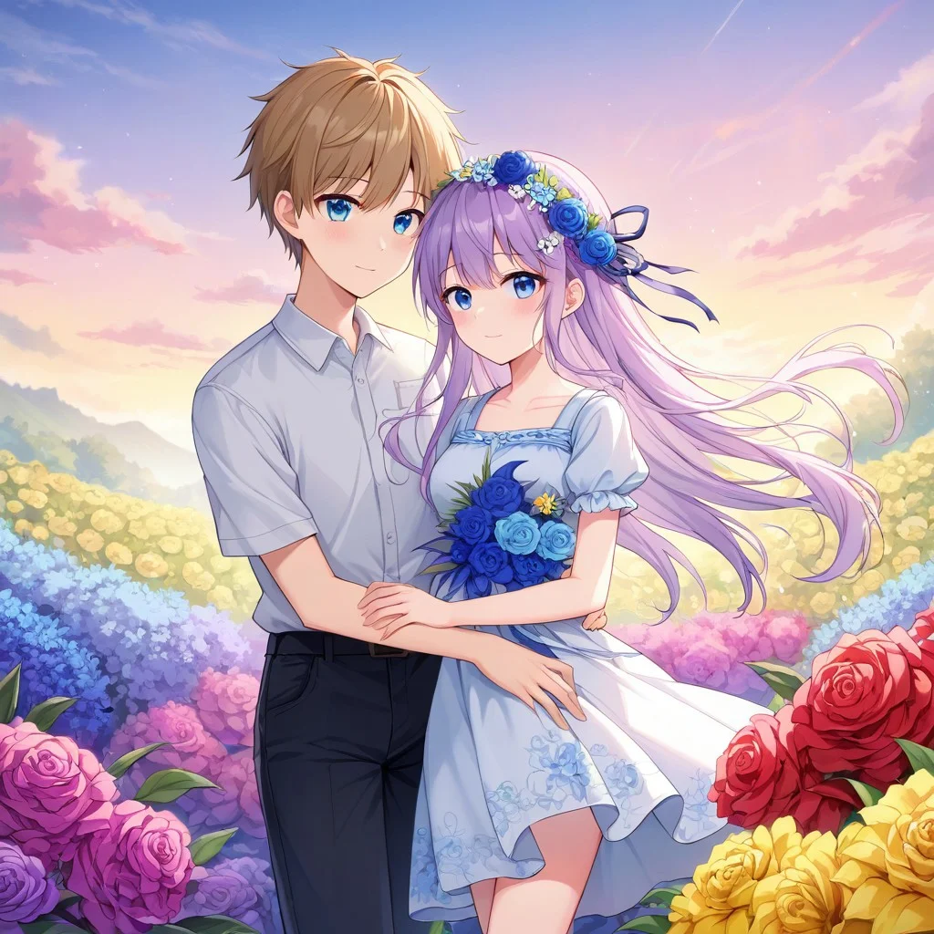 anime, highly detailed, extremely detailed, best quality, masterpiece, 1boy, 1girl, couple, boy's arm around girl's waist, hand on waist, girl grabbing boy's arm, boy in shirt, short sleeves, flower pin, red rose pin, girl in dress, short dress, summer dress, flower crown, flower meadow, colorful flowers, soft colors, low saturation, red flowers, yellow flowers, blue flowers, purple flowers, ((pastel colors)), pastel_style, ((flowers)), [[long shot]], medium long shot, wallpaper, rating_safe, score_9, score_8_up, score_7_up