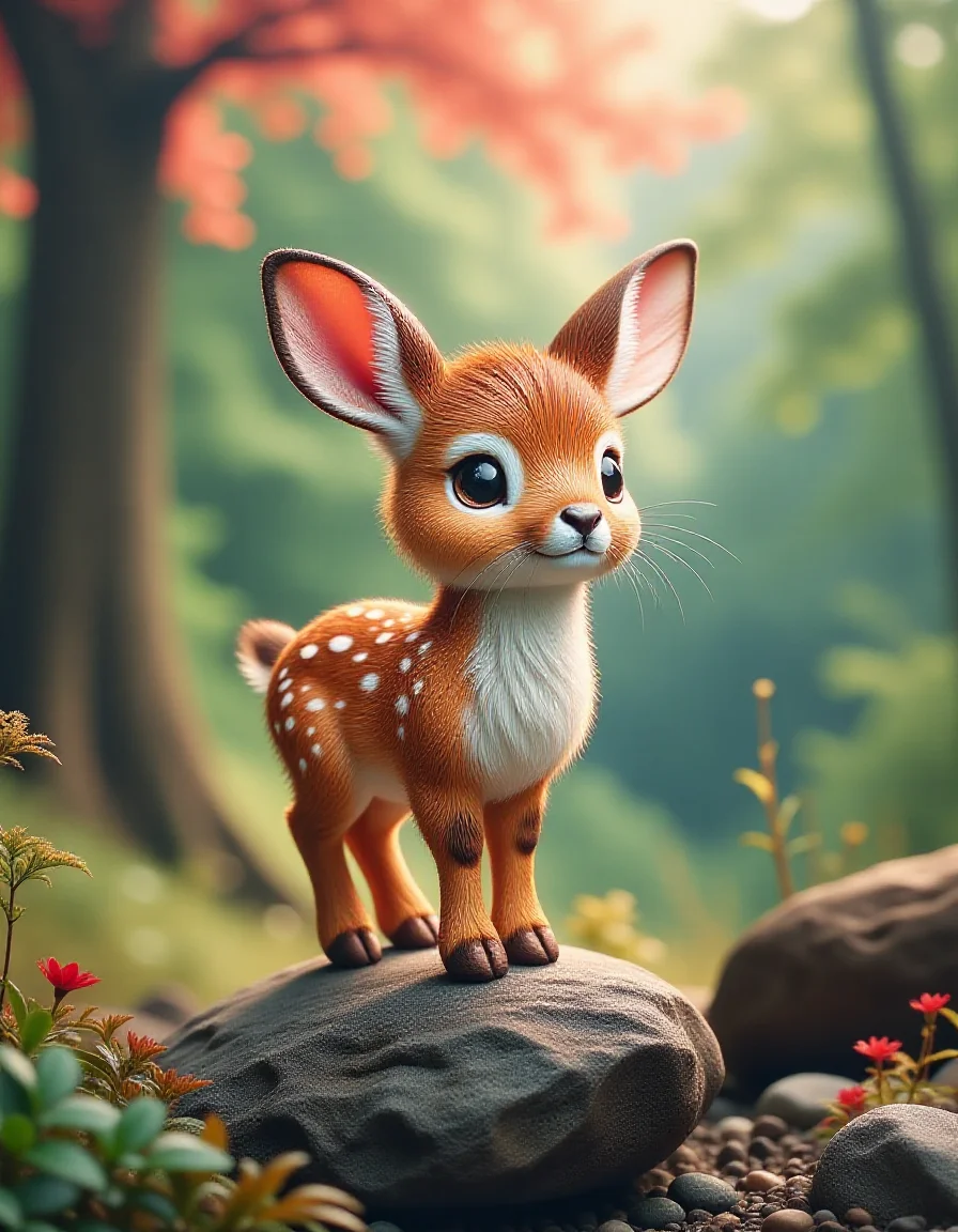 small zhibi rabbit_deer_hybrid, cute, rocky and lush Forrest, vivid colors, deer flying over the world, never stopping <lora:zhibi_flux:1>