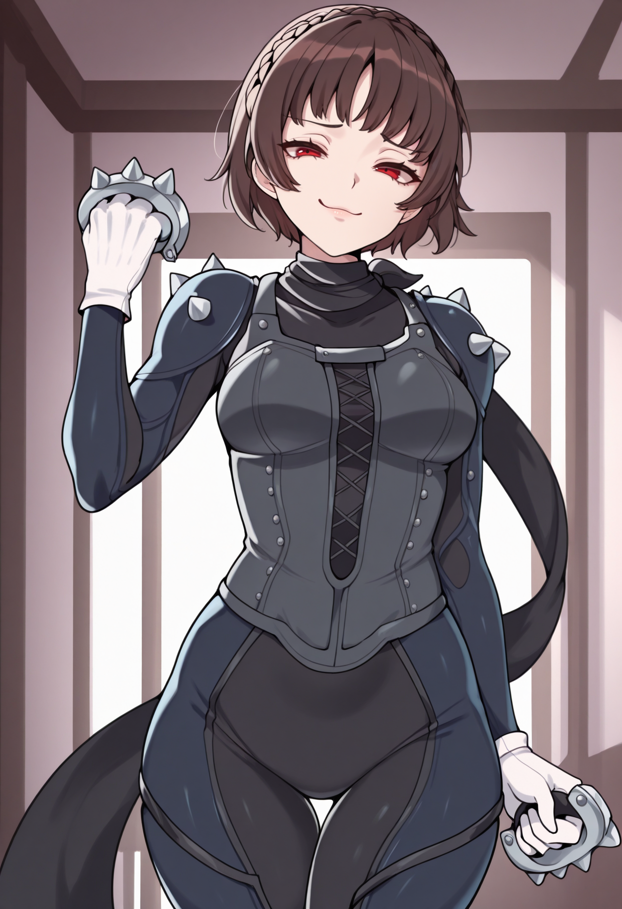 masterpiece, best quality, 1girl, hand up, smug, looking at viewer, holding weapon, <lora:MakotoP5-illu:1> ptMak0, brown hair, short hair, crown braid, red eyes, multicolored bodysuit, blue bodysuit, black bodysuit, medium breasts, black scarf, shoulder spikes, white gloves, grey bodice, thigh gap, brass knuckles, indoors