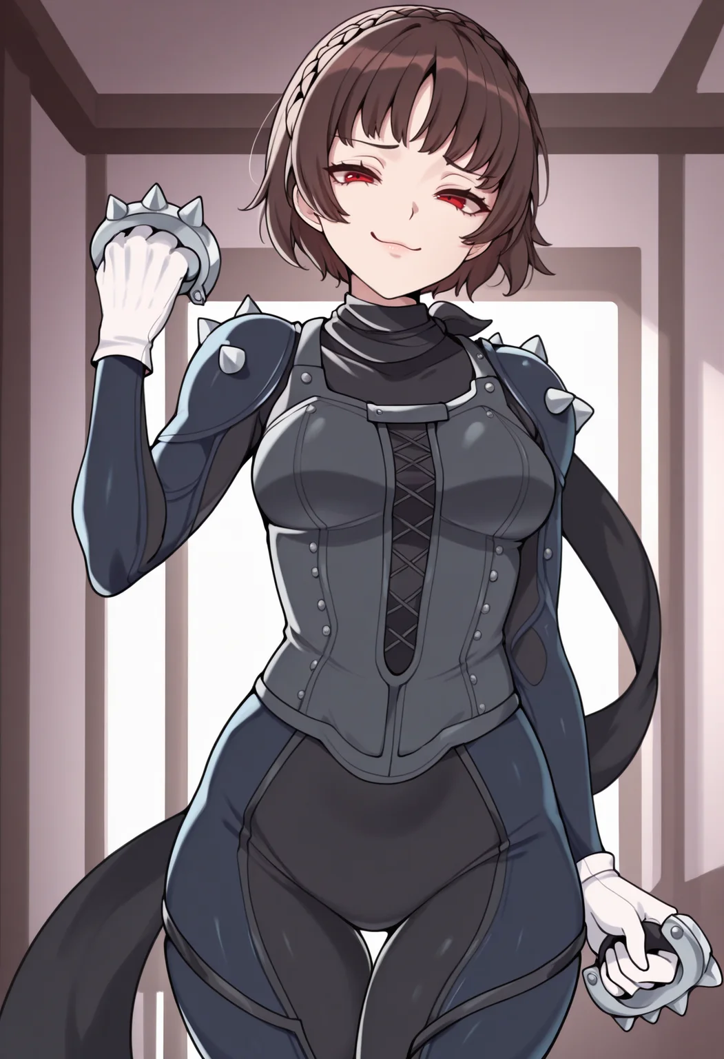 masterpiece, best quality, 1girl, hand up, smug, looking at viewer, holding weapon, <lora:MakotoP5-illu:1> ptMak0, brown hair, short hair, crown braid, red eyes, multicolored bodysuit, blue bodysuit, black bodysuit, medium breasts, black scarf, shoulder spikes, white gloves, grey bodice, thigh gap, brass knuckles, indoors