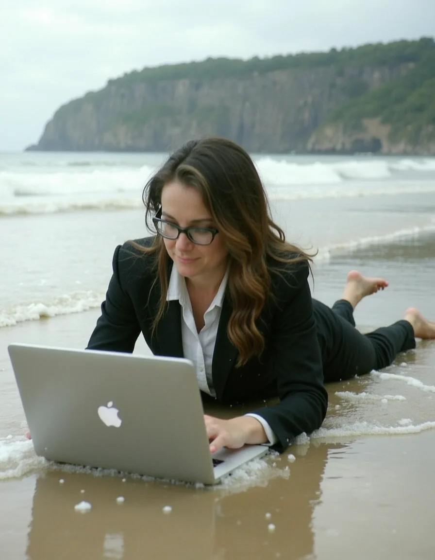 women in a suit, wearing glasses, laying on the shore of the beach, working on a laptop, wet, waves splashing her, paperwork is getting wet, cliffs in background, <lora:Eeriephotosflux:1> low quality, grainy, flash photo