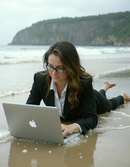 women in a suit, wearing glasses, laying on the shore of the beach, working on a laptop, wet, waves splashing her, paperwork is getting wet,  cliffs in background,  <lora:Eeriephotosflux:1> low quality, grainy, flash photo