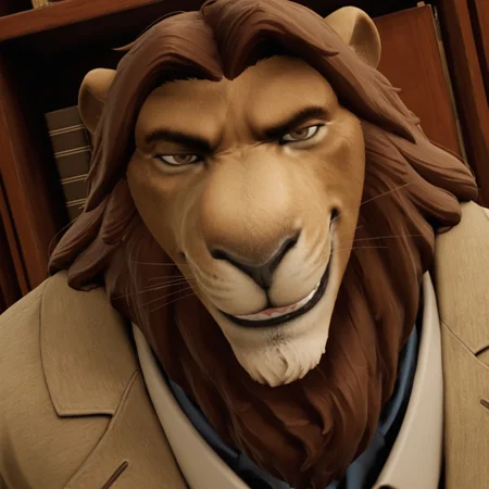 score_9, score_8_up, score_8, masterpiece, best quality, amazing quality, very aesthetic, absurdres, newest, high quality, perfect anatomy, best anatomy, correct anatomy, detailed, solo, Thorpe, 1boy, furry male, brown hair, lion, whiskers, jacket, lion nose, lion ears, facial hair, formal, white collared shirt, blue undershirt, pants, black shoes, fur, thick eyebrows, wheelchair, brown eyes, long hair, older male, desk, bookcase. sitting in wheelchair, smug, evil grin, looking at viewer, toothy smile, evil,