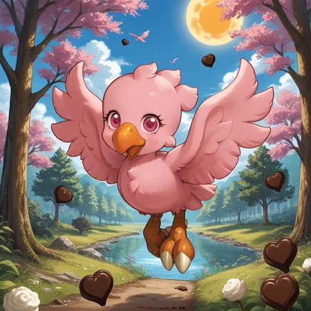 score_9, score_8_up, score_7_up, source_anime BREAK
forest, cotton candy trees, sky, sun, chocolate river
ch0c0b0, light pink feathers, orange beak, pink eyes, light pink wings, light pink tailfeathers, bird feet, white talons, light pink bird tail, chibi, bird, (eyelashes:1.2), female, pink ribbon
flying, floating, happy, wings spread
<lora:Cute_Chocobo:1>
detailed background, beautiful scenery
<lora:add-detail-xl:1>