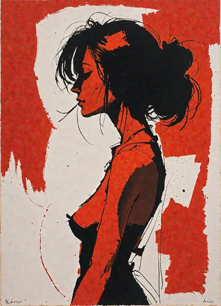 Franz Kline, Ralph Steadman, Robert Motherwell, profile, red, woman silhouette, <lora:lazy:1>
