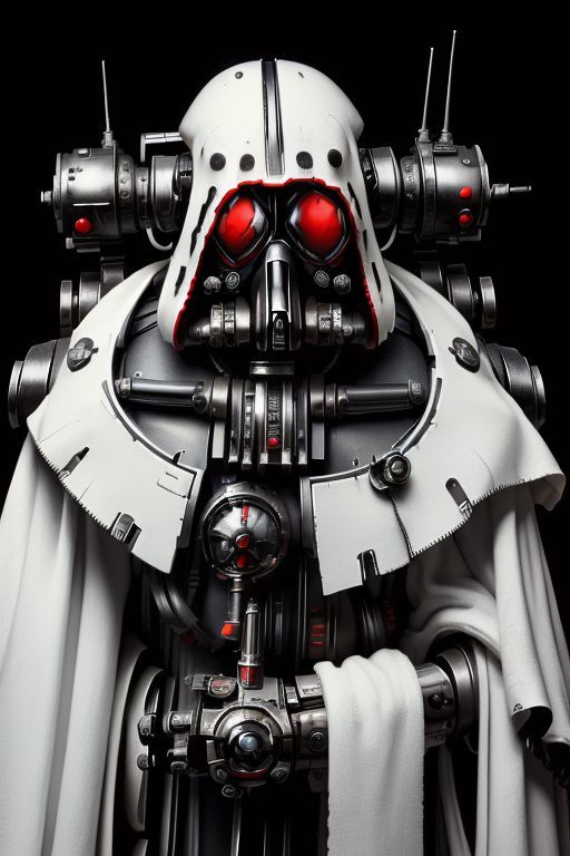 ((masterpiece,best quality)), absurdres, mechanical arms, robes, hood, ((techpriest)), cyborg, mechanical face, (TheEmpireStyle, white) mechanical limbs, gas mask, black robe, 1other, solo, ((Warhammer 40000))