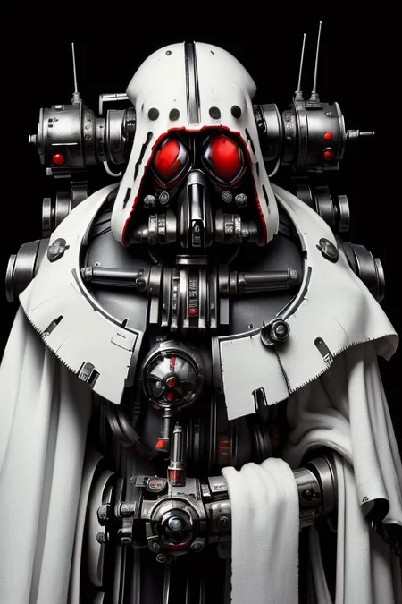 ((masterpiece,best quality)), absurdres, mechanical arms, robes, hood, ((techpriest)), cyborg, mechanical face, (TheEmpireStyle, white) mechanical limbs, gas mask, black robe, 1other, solo, ((Warhammer 40000))