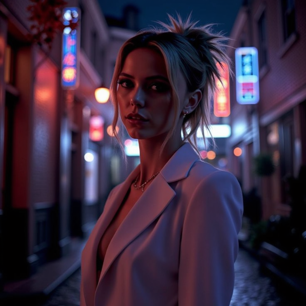 futuristic style neon noir surrealist art analog photography, analog photo, a stunning woman in a  gothic mansion, she's wearing a white women's suit, white blouse . A candid, close up shot <lora:Riley_Voelkel:1> rileyv . dreamlike, mysterious, provocative, symbolic, intricate, detailed . cyberpunk, dark, rainy streets, neon signs, high contrast, low light, vibrant, highly detailed . sleek, modern, ultramodern, high tech, detailed