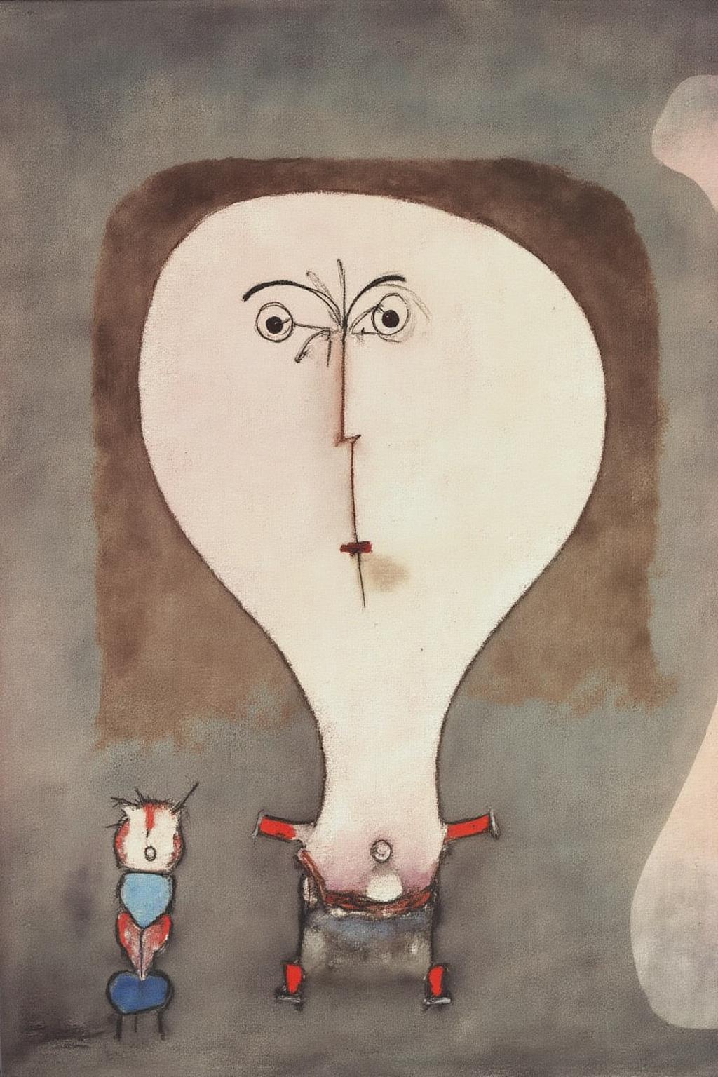 paulklee1 painting.
An abstract portrait of a person with a large, oval-shaped head, a smooth, rounded face, and a tiny body. 
   <lora:paulklee1_cap_d8a4e12:1.0><lora:839867789725473934:0>