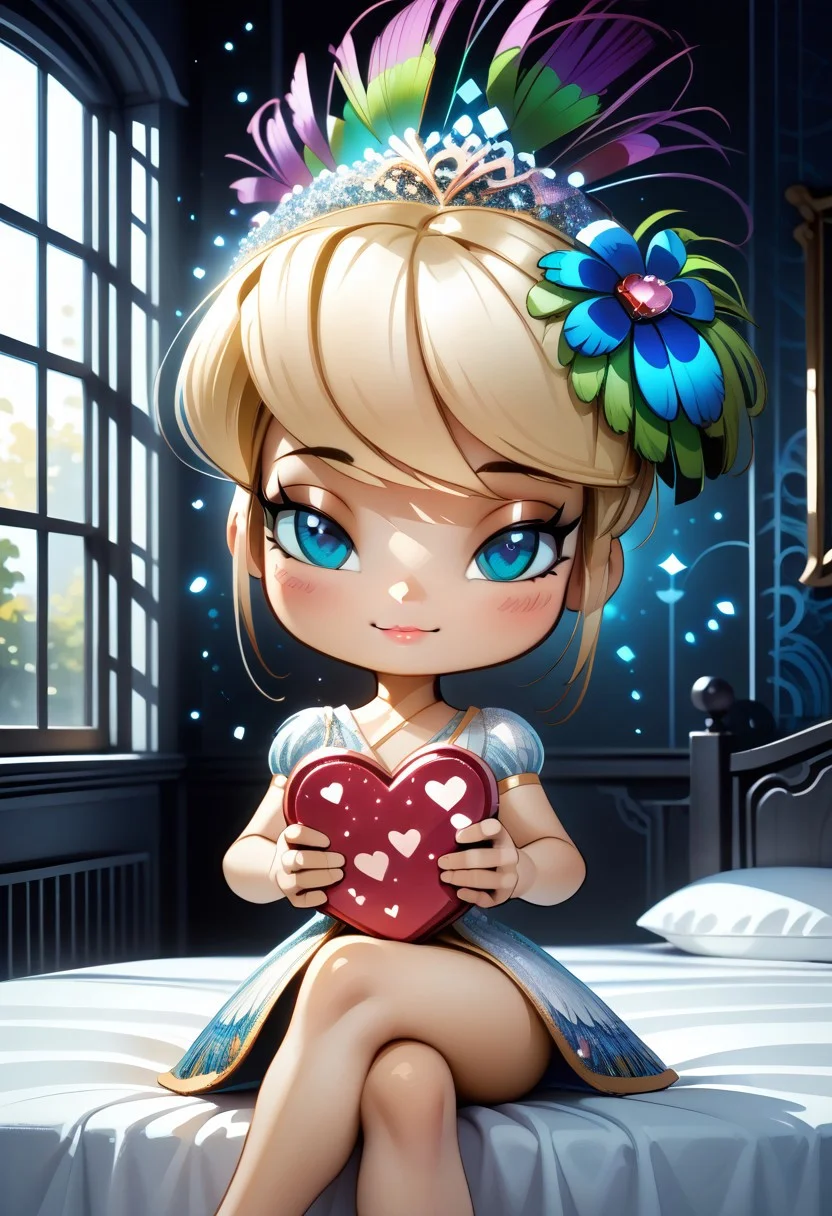 masterpiece,best quality,amazing quality, mature, clean lines, subtle lighting, bold outlines, cel shading, very aesthetic, absurdres, newest,
1girl, pinystyle, medium shot, closeup, solo, beautiful blonde girl, feather hair, hair made of feathers, mugenfan208, (small breasts:1.3), pink lips, green breastplate, white dress, cowhide helmet, (holding valentine's gift, heart-shaped balloons, heart-shaped particles:1.3), cute, smug expression, half-closed eyes, (hair feathers, peacock feathers in hair:1.5), bedroom background, walls, window, (sitting on bed:1.2), (legs crossed:1.5), sexy pose,
peacock style