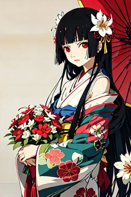 enma ai, hair down, hair black, bangs, eyes red, masterpiece, best quality, ultra-detailed, illustration, 1girl, solo, highres, photorealistic, ultra high res, (Original illustration composition), (fusion of limited color,Maximalism artstyle, kimono obi fashion, double exposure, background, illustration, Amazing, lily spider, night darkness, open one's mouth, middle finger show, bouquet flowers