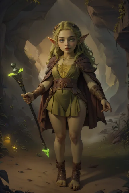 breathtaking 40yo, 1girl, (full body shot:1.4), facing viewer, thick hips, short stack, wizard, (scowl:1.4), (holding a staff:1.2), delicate\(armor\), belt, glove, sandals, tiara, (wizard robe:1.2), long shiny hair, trending on artstation, pixiv, digital art, anime masterpiece, dynamic lighting, beautiful aesthetic, 4k, award winning, hd, detailed backgound, <lora:Mild detail adjusterV10:0.2> <lora:Bright_Eyes:0.7> AGGA_ST002, bright pupils <lora:Loraeyes_V1:0.4> loraeyes, <lora:dnd_goblin:0.7>goblin Style-Goblinmode <lora:breastsizeslideroffset:-0.1> (edgQuality:1.2) advntr character, <lora:lcm-lora-sdv1-5:0.7>, masterpiece, award-winning, professional, highly detailed