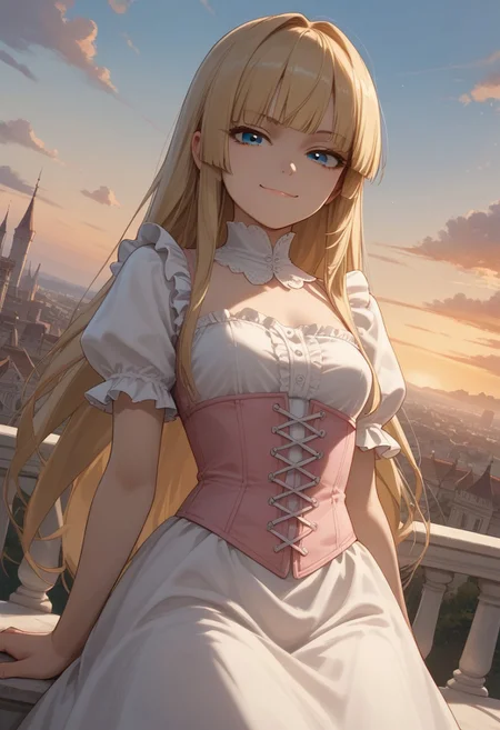 (score_9, score_8_up, score_7_up), 1girl, solo,( blonde hair), blue eyes, long hair, hime cut, long bangs, small breasts, pink corset, frills, white dress, sunrise,
(cowboy shot:1.2), rooftops, mansion, city,
fisheye, (relaxed, dutch angle:1.2),
(smug:1.2), leaning back,