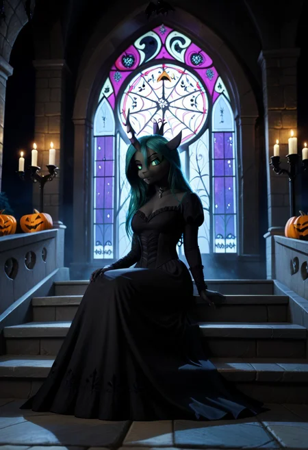afe_pos, score_9, score_8_up, score_8, raw, source_pony, (8K), source_real, masterpiece, high quality, BREAK, (highly realistic:1,3), (realisitic face:1,4), witch, Queen Chrysalis \(mlp\), female changeling (anthro changeling:1.1), big changeling wings, unicorn changeling, wings, crown, intricate puffy black dress, royal dress, long sleeves, sitting on throne, full body, moonrays, stained glass, stairs, (dark theme, night:1.3), gothic style, medieval theme, castle, dark theme, night, (((Halloween night, Halloween decorations and motifs)))