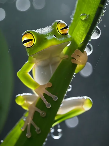 charming light,a glass frog,scattered,translucent banana leaf,award -winning photo,rain,
