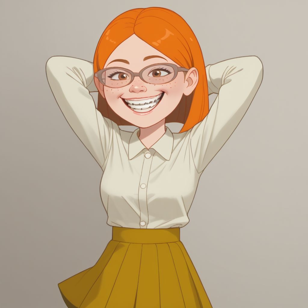 score_9, score_8, score_7, BREAK, solo, 1girl, freckles, glasses, orange hair, skirt, hands behind head, smile, braces