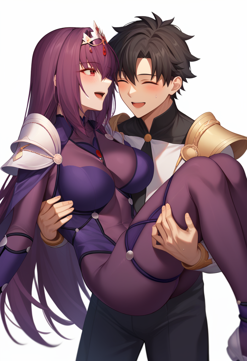 score_9,score_8_up,score_7_up,<lora:princess_carry_pony_pony:1>,1girl, 1boy, character: scathach (fate), character: fujimaru ritsuka (male), white background, simple background, carrying, smile, blush, open mouth, closed eyes, red eyes, purple eyes, hair between eyes, purple hair, long hair, black hair, short hair, very long hair, hair intakes, large breasts, breasts, thighs, bodysuit, purple bodysuit, chaldea uniform, shoulder armor, armor, pants, purple leotard, black pants, shirt, long sleeves, pauldrons, princess carry