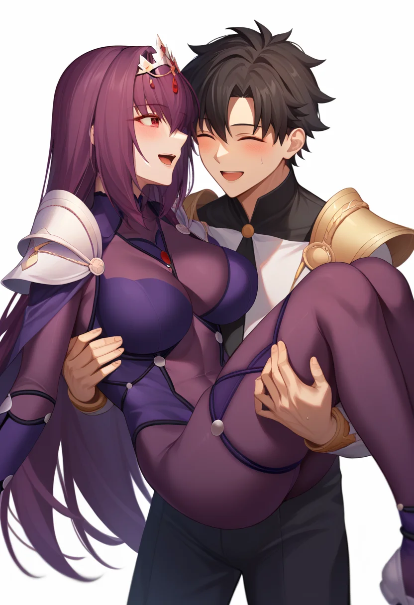 score_9,score_8_up,score_7_up,<lora:princess_carry_pony_pony:1>,1girl, 1boy, character: scathach (fate), character: fujimaru ritsuka (male), white background, simple background, carrying, smile, blush, open mouth, closed eyes, red eyes, purple eyes, hair between eyes, purple hair, long hair, black hair, short hair, very long hair, hair intakes, large breasts, breasts, thighs, bodysuit, purple bodysuit, chaldea uniform, shoulder armor, armor, pants, purple leotard, black pants, shirt, long sleeves, pauldrons, princess carry
