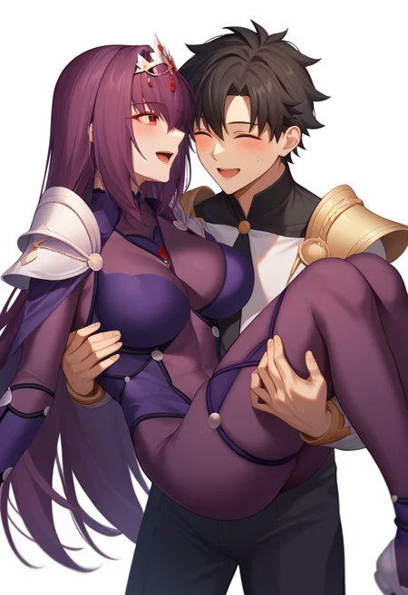 score_9,score_8_up,score_7_up,<lora:princess_carry_pony_pony:1>,1girl, 1boy, character: scathach (fate), character: fujimaru ritsuka (male), white background, simple background, carrying, smile, blush, open mouth, closed eyes, red eyes, purple eyes, hair between eyes, purple hair, long hair, black hair, short hair, very long hair, hair intakes, large breasts, breasts, thighs, bodysuit, purple bodysuit, chaldea uniform, shoulder armor, armor, pants, purple leotard, black pants, shirt, long sleeves, pauldrons, princess carry