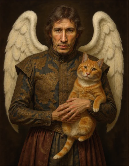 Rembrandt style <lora:Dark_Ghibli:0.6>, masterpiece portrait of brutal man dressed angel dress with bigh white wings, <lora:4oCaricature_early:0.6>, mid body, portrait, holding big fat red cat, <lora:ROGER_WATERS:1> . Baroque, chiaroscuro, realistic, emotional, "flat lighting