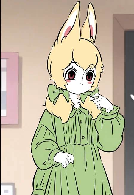 <lora:xiaoyu:1>,xiaoyu,1girl,solo,furry female,black eyes,red eyes,blonde hair,twintails,hair bow,animal ears,white skin,
green dress,dress,long sleeves,green bow,, masterpiece,best quality,amazing quality,absurdres, anime screenshot,