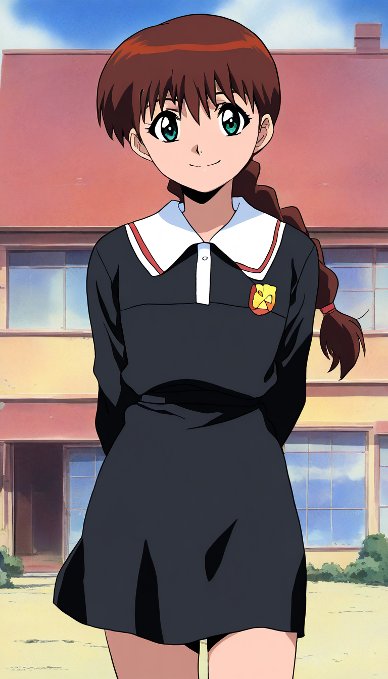 masterpiece, best quality, good quality, <lora:Miyanoshita_Satsuki_IS:1>
Miyanoshita_Satsuki, 1girl, solo, brown hair, green eyes, single braid, long hair, bangs, 
1girl, solo, black skirt, looking at viewer, black dress, room,
 anime coloring, outdoor, day, sky,
smile,looking at viewer, cowboy_Shot,