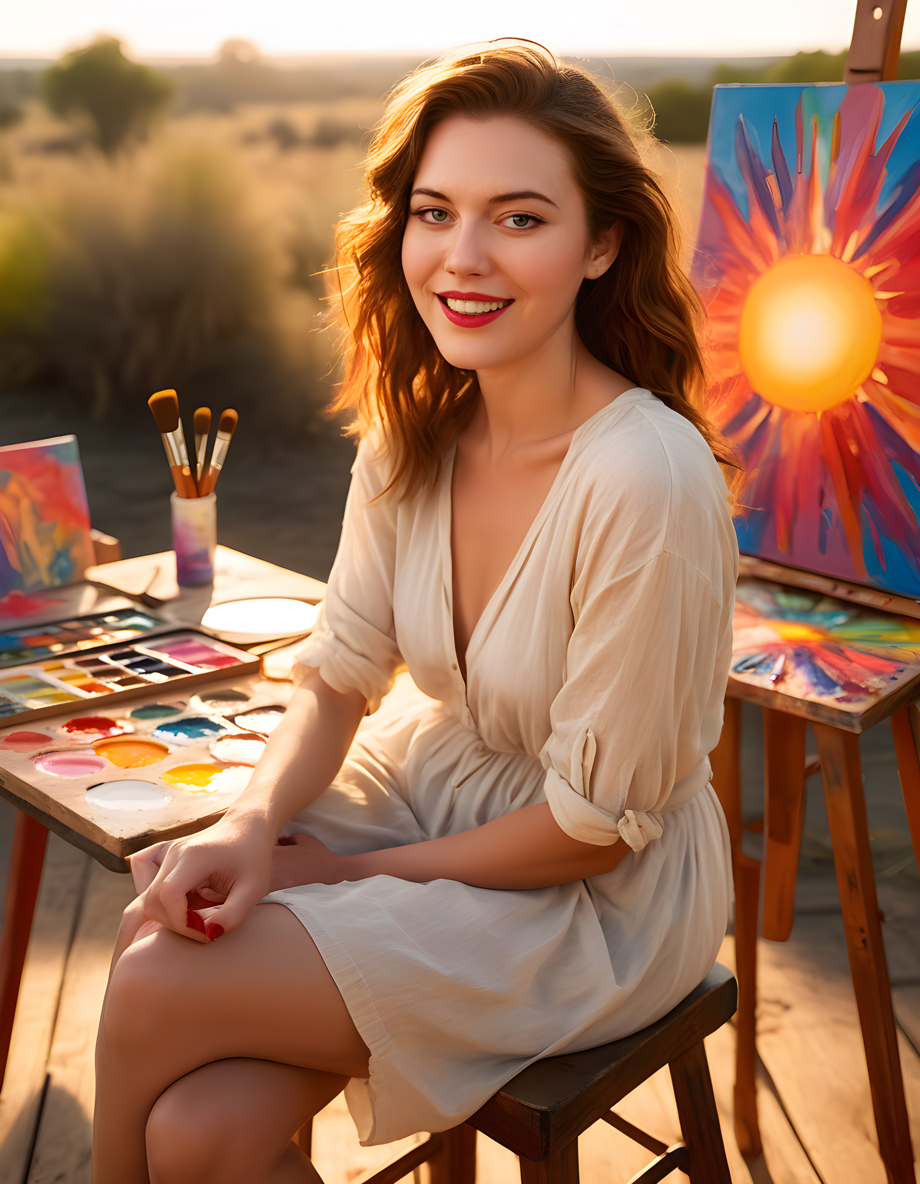 In a vibrant open-air art studio bathed in the warm, golden hues of a setting sun, M4RY3W, a striking woman with brown hair cascading down to her shoulders, sits on an antique wooden stool. Her gaze is directly engaged with the viewer, her radiant smile illuminating her face as she reveals her captivating lips painted in a bold shade of red. The background features a kaleidoscope of unfinished canvases and colorful brushes scattered across a large table, with the sun-drenched landscape beyond serving as an ethereal backdrop to this mesmerizing portrait.