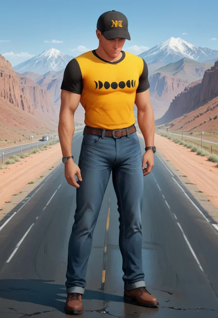 A solitary figure of a man standing on the gravel-strewn shoulder of I-25, the bustling interstate highway cutting through the rugged landscape behind him. His eyes are focused intently on the front tire of a nondescript sedan, which has unfortunately given way to the relentless journey. The tire is flat, the rubber flaccid and lifeless, with shards of metal and fabric jutting out from the sidewall—a clear indication of the sudden and catastrophic blowout. The man's stance is one of concern and contemplation, his hands resting on his hips as he assesses the situation with a furrowed brow. He is dressed in a pair of faded blue jeans and a plaid shirt, sleeves rolled up to his elbows, revealing forearms tanned and muscular from a lifetime of hard work. His face is partially obscured by the shadow of a weathered baseball cap that bears the logo of a local sports team, hinting at his roots in the region. The harsh sun casts long shadows across the scene, highlighting the stark contrast between the unyielding asphalt and the precarious position of the car. In the distance, a line of vehicles speeds by, a blur of metal and chrome, their occupants oblivious to the solitary traveler's plight. The vastness of the open road and the towering mountains on the horizon serve as a backdrop, a silent witness to the countless breakdowns and moments of despair that unfold on these unforgiving stretches of tarmac.