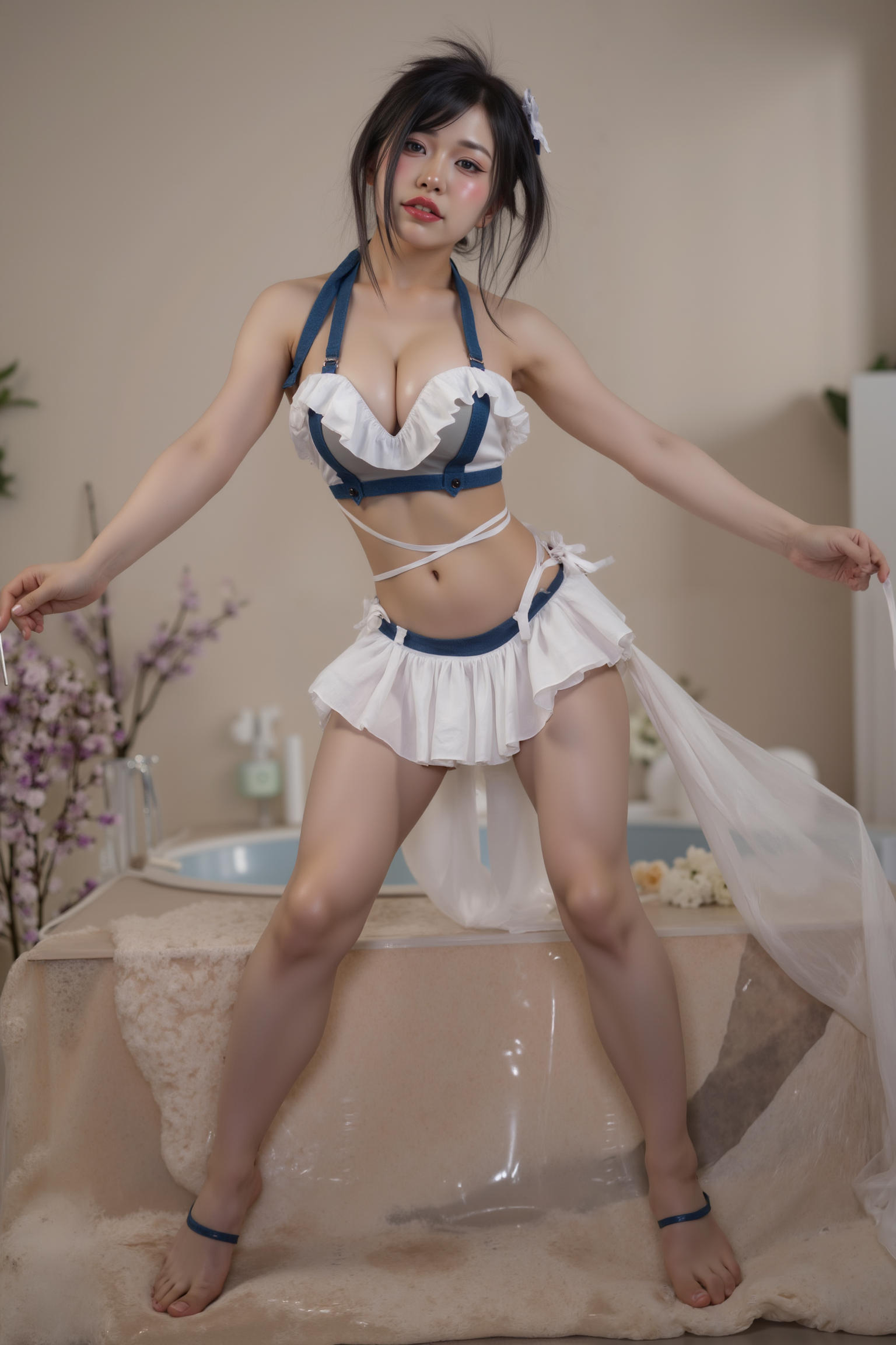 A professional, high-resolution image of a young woman is posed standing in a natural S-curve in the body silhouette. This classic posing technique creates visual interest and a sense of elegance.

She is wearing a blue and white SGWN98Clothing. Her makeup is dramatic, with dark eyeliner and bold, glossy pink lips. 

The lighting features a high-contrast, monochromatic white color scheme that creates a moody, intimate atmosphere. 

The photography technique uses what appears to be soft lighting to create a glamorous effect, with careful attention to highlighting contours while maintaining the dominant light brown color scheme throughout the frame.

The overall aesthetic combines elements of fashion photography, traditional Asian visual motifs, and contemporary boudoir styling. The dramatic light brown lighting creates a cohesive visual theme that ties all elements of the composition together.

The white light emit on her to show her feature.