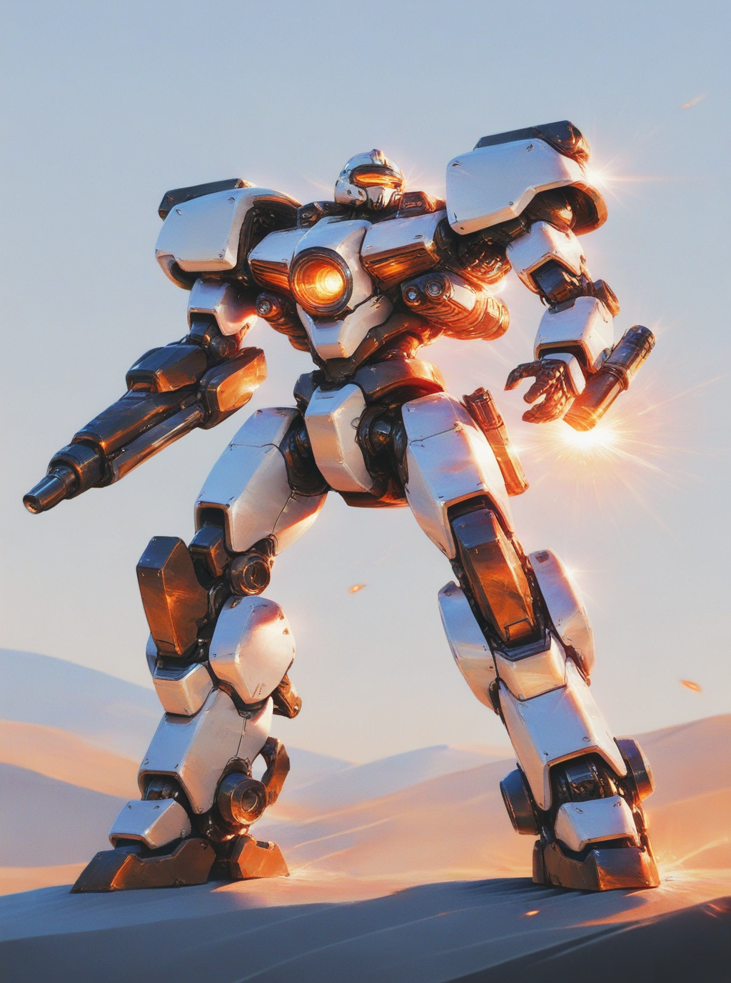 sref2917660624, overdesigned heavy armored mecha, big shoulders, arm cannon, energy gun, cartridge belt, visor  <lora:sxz-sref2917660624:0.85>, warm light