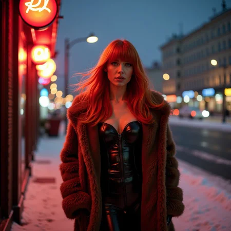 A highly detailed, photorealistic image of a red haired woman with bangs exiting a luxury restaurant on a cold Moscow street at night. She is wearing latex leggings and corsage made of finest silk, shining in the neon lights. Her huge breasts pushed up high and seductive, A luxurious fur coat drapes over her shoulders, providing contrast against the chilly atmosphere. Snow is scattered on the ground, and the distant silhouette of Moscow's architecture looms in the background, with the skyline dimly lit under a cold, night sky. Her long hair flows in the breeze, and the scene captures the sharp contrast between the warmth of her outfit and the cold surroundings, all with a high-quality DSLR aesthetic.