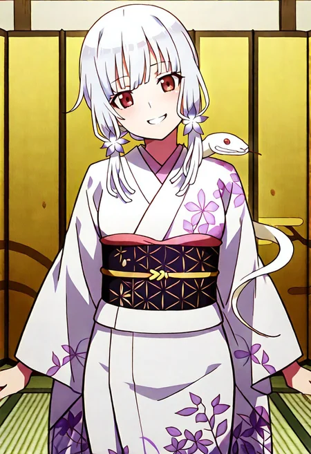 Smooth Quality - Illustrious, sfw,
anime, illustration, nadeko, red eyes,medium hair,white hair,snake hair,albino,
<lora:NSFWFilter_illusXL_Incrs_v1:-1>
<lora:Snake_on_Shoulders:0.8> sn4k3, snake on shoulders, large snake, white snake,
1girl, solo, standing, cowboy shot, alluring pose,
japanese clothes, white kimono, furisode, floral print,
looking at viewer, head tilt, beautiful smile, grin,
golden folding screen, zabuton, tatami,
