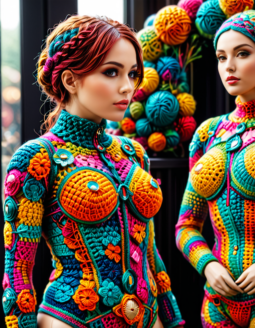 Life-sized humanoid mannequins entirely covered in crocheted skin textures, irregular seams revealing multicolored crocheted organs underneath; hyperrealistic textures using latex and silicone; surreal, unsettling yet captivating; contrasting artificiality and organic forms; intricate, vibrant details; haunting yet thought-provoking. <lora:SDXLFaeTastic2400:0.4> <lora:extremely_detailed:0.4> extremely detailed, <lora:cr0ch3t3d:1>,cr0ch3t3d, Masterpiece,best quality,hi res,8k,hi res,8k,award winning,(sharp focus, intricate, highly detailed),