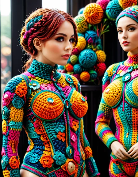 Life-sized humanoid mannequins entirely covered in crocheted skin textures, irregular seams revealing multicolored crocheted organs underneath; hyperrealistic textures using latex and silicone; surreal, unsettling yet captivating; contrasting artificiality and organic forms; intricate, vibrant details; haunting yet thought-provoking. <lora:SDXLFaeTastic2400:0.4> <lora:extremely_detailed:0.4> extremely detailed, <lora:cr0ch3t3d:1>,cr0ch3t3d, Masterpiece,best quality,hi res,8k,hi res,8k,award winning,(sharp focus, intricate, highly detailed),