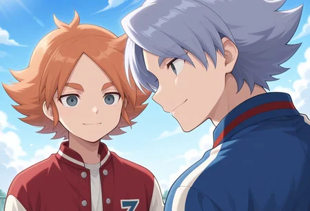 masterpiece,best quality,amazing quality, source_anime,
2boys, brothers, smile,
FubukiAtsuya, 1boy, male focus, grey eyes, orange hair, letterman jacket, red jacket, BREAK
fubukishirou, 1boy, male focus, grey hair, parted bangs, grey eyes, letterman jacket, blue jacket, BREAK
outdoor, sky, day, clouds,