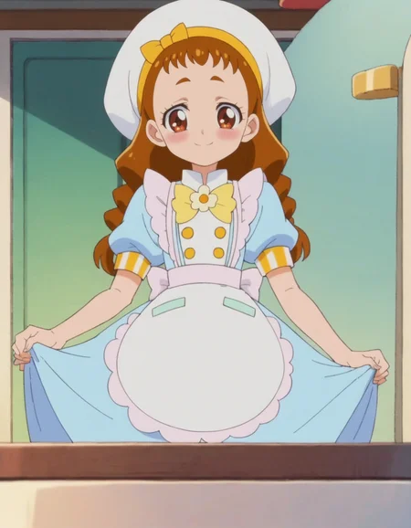 score_9, score_8_up, score_7_up, anime screencap, solo,1girl,arisugawahimari, hat,smile,white apron, white headwear, skirt, bow,blue dress, puffy short sleeves,looking at viewer, cowboy shot,small breasts, blush,<lora:arisugawahimari:0.8>