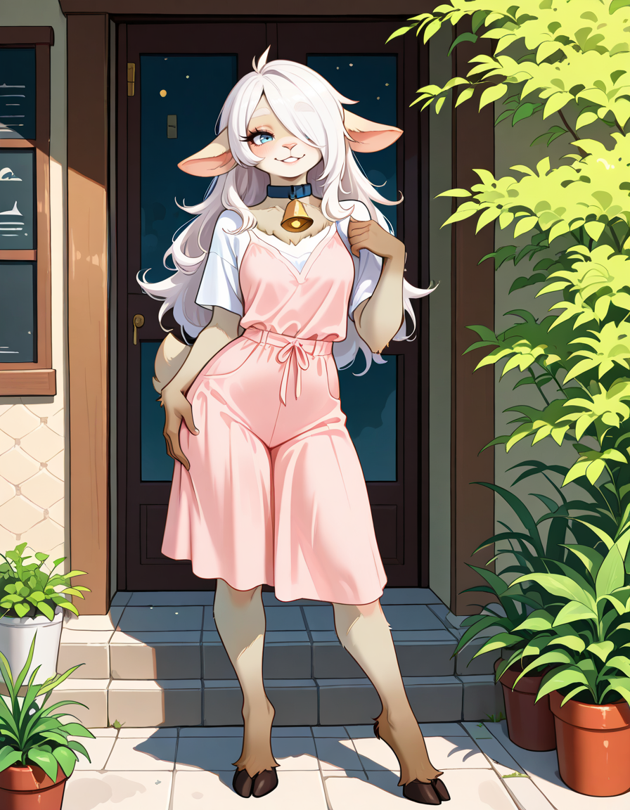 masterpiece, best quality, very aesthetic, absurdres,
outdoors, casual, 
full body, posing, 
 seductive smile, parted lips, long eyelashes,
 <lora:Ann_v01_NAIXL:1>
4nn3,1girl,solo,furry,furry female,animal ears,white hair,long hair,hair over one eye,blue eyes,snout,animals nose,collar,neck bell,body fur,white fur,tail,hooves,