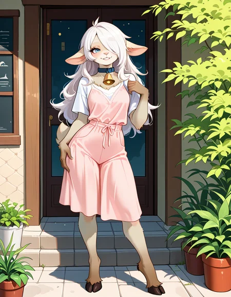 masterpiece, best quality, very aesthetic, absurdres,
outdoors, casual,
full body, posing,
seductive smile, parted lips, long eyelashes,
<lora:Ann_v01_NAIXL:1>
4nn3,1girl,solo,furry,furry female,animal ears,white hair,long hair,hair over one eye,blue eyes,snout,animals nose,collar,neck bell,body fur,white fur,tail,hooves,