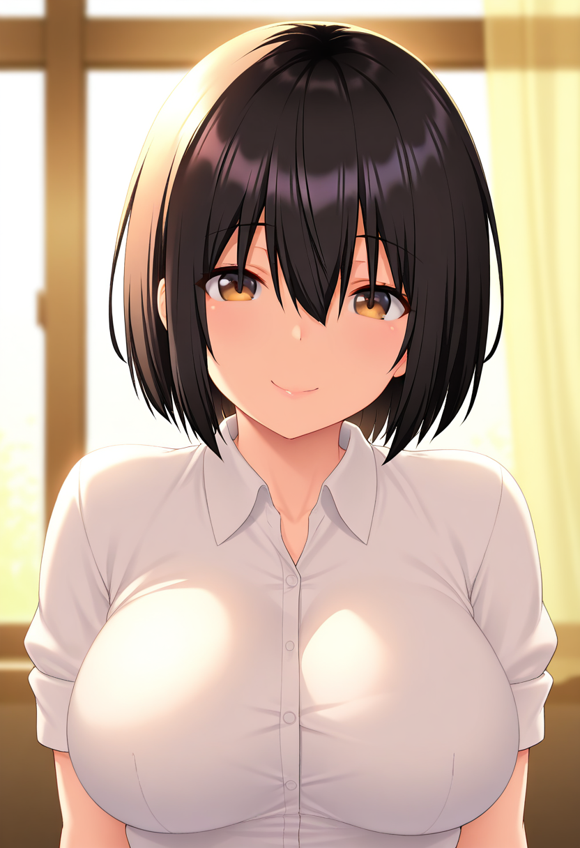 masterpiece, best quality, amazing quality, 1girl, solo, (portrait:1.2), kasumiww, brown eyes, black hair, short hair, bangs, hair between eyes, large breasts, school uniform, white collared shirt, short sleeves, looking at viewer, smile, indoors, skindentation, detailed clothing folds, depth of field, sharp, high contrast, dynamic light <lora:Ayase_Kasumi_Otosareta_Bishimai_ill:0.8>
