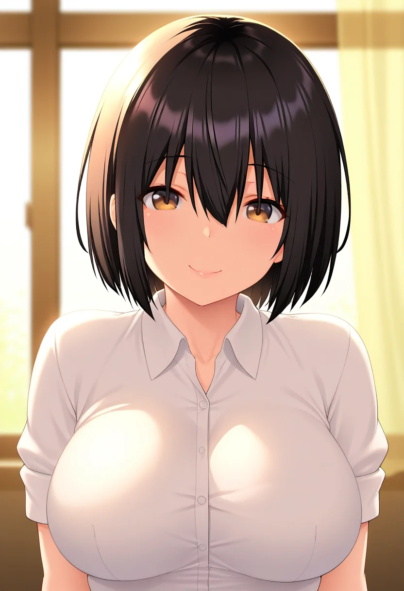 masterpiece, best quality, amazing quality, 1girl, solo, (portrait:1.2), kasumiww, brown eyes, black hair, short hair, bangs, hair between eyes, large breasts, school uniform, white collared shirt, short sleeves, looking at viewer, smile, indoors, skindentation, detailed clothing folds, depth of field, sharp, high contrast, dynamic light <lora:Ayase_Kasumi_Otosareta_Bishimai_ill:0.8>