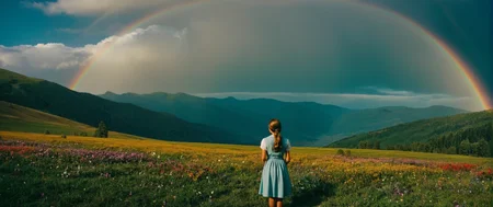 cinematic film still of <lora:Technicolor style:1>
In the 1950's a rainbow over a mountain valley with a rainbow in the sky,1girl,solo,flower,outdoors,sky,tree,night,nature,scenery,mountain,field,rainbow,flower field , vivid color, cinematic look, film look, filmic, contrast, detailed, high quality, sharp image, film color, Kodak, Motion Picture, Film style, different color, vivid color, different people, different look, different style, 35MM Film, 16MM Film, Photographic film, artistic style, cinematic style, film granularity, film noise, image noise, artistic effect, Fujicolor, Fuji film, Analog photography, movie style, movie still, Film grain overlay, Film Grain style, Technicolor style, shallow depth of field, vignette, highly detailed, high budget, bokeh, cinemascope, moody, epic, gorgeous, film grain, grainy