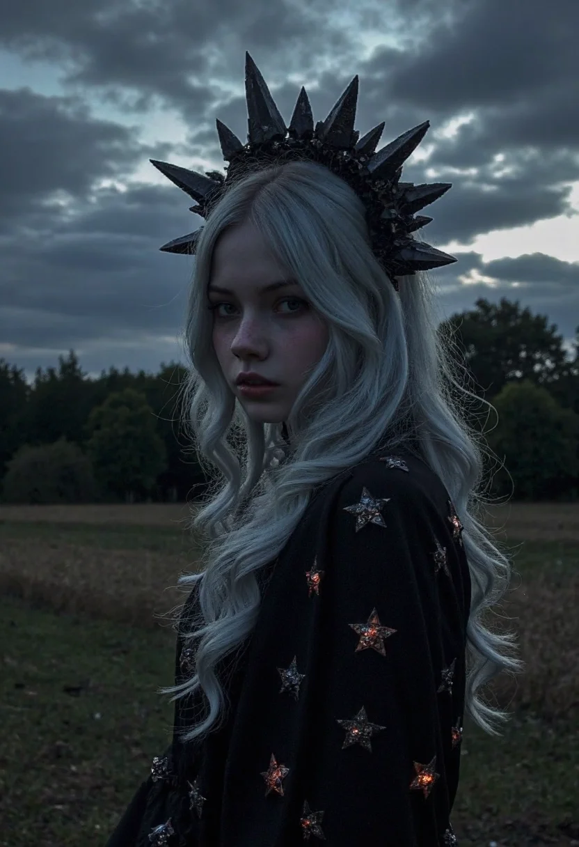 d1g1cam, Gothic star girl, early teens, eastern european descent, standing in the field, smoky star crystals. Her silver hair cascades over a black gown adorned with dark stars, her crown made of jagged obsidian crystals. The star crystals emit a muted glow, casting eerie shadows across her face. the night sky is filled with swirling black clouds and distant, dim stars, amateurish quality, underexposed and shadowed face, low lighting, evening, Dull and overcast lighting, her body and face slightly turned from the viewer