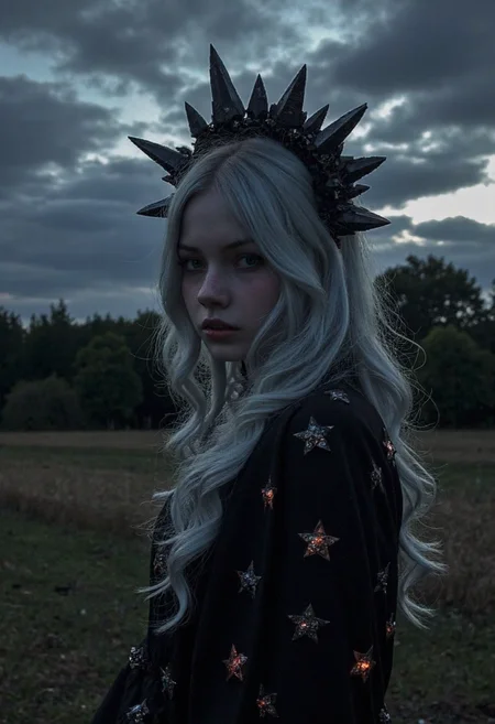 d1g1cam, Gothic star girl, early teens, eastern european descent, standing in the field, smoky star crystals. Her silver hair cascades over a black gown adorned with dark stars, her crown made of jagged obsidian crystals. The star crystals emit a muted glow, casting eerie shadows across her face. the night sky is filled with swirling black clouds and distant, dim stars, amateurish quality, underexposed and shadowed face, low lighting, evening, Dull and overcast lighting, her body and face slightly turned from the viewer