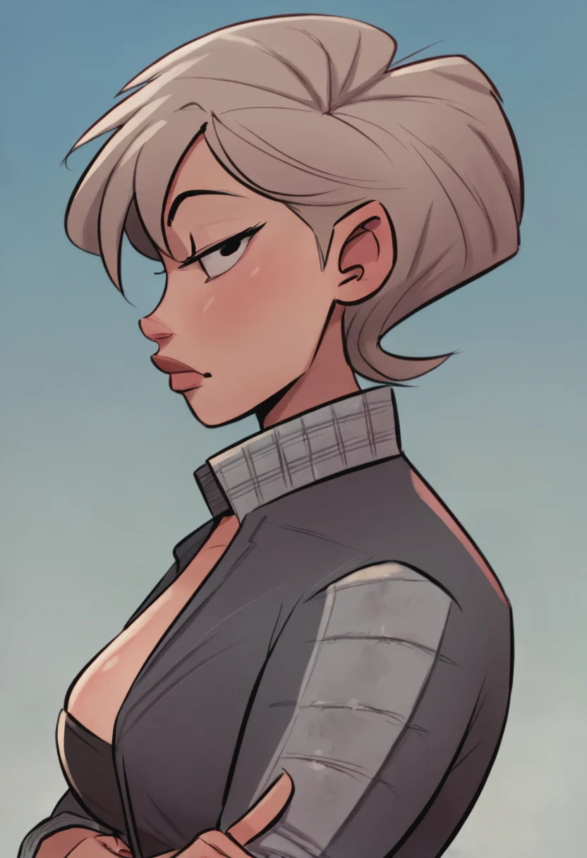 score_9, score_8_up, score_7_up, 1girl, large_breasts, portrait, solo, looking_at_viewer, open_eyes, Standing with arms behind the head, sideways, (Slate gray Bomber Jacket), spiked hair, Eton crop, Platinum Blonde hair, harbor, wide_shot, rating_safe, <lora:pony\artist_styles\jmoz_pony:1.0>